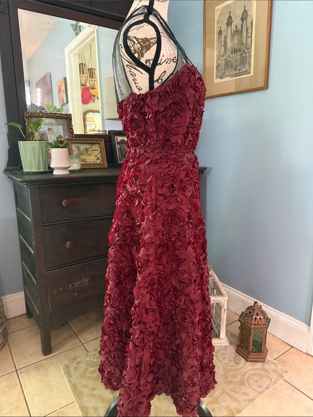 NWT Tracy Reese Burgundy Silk Rosette Floral Cocktail Dress Illusion Mesh Size 8 - Picture 6 of 16